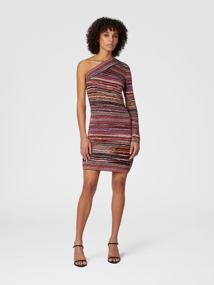 One-shoulder mini-dress in lamé embossed viscose with wave motif, Multicoloured  - DS25SG0XBK042CS416H
