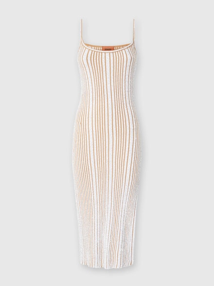 Sleeveless ribbed midi dress with sequins and slit, White & Beige - DS25SG11BK042FS01GN