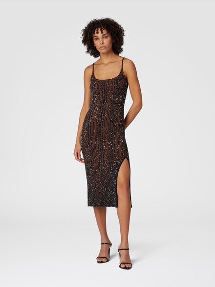 Sleeveless ribbed midi dress with sequins and slit, Black & Brown - DS25SG11BK042FS91NT