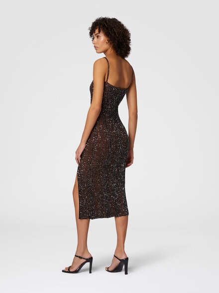Sleeveless ribbed midi dress with sequins and slit, Black & Brown - DS25SG11BK042FS91NT