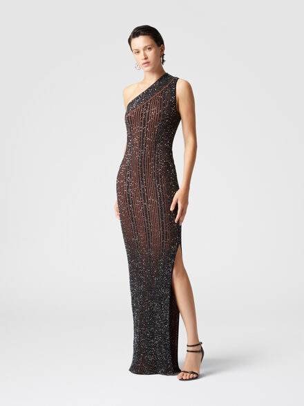 Vestido largo de canalé de un solo hombro con lentejuelas y abertura, Negro & Marròn - DS25SG12BK042FS91NT