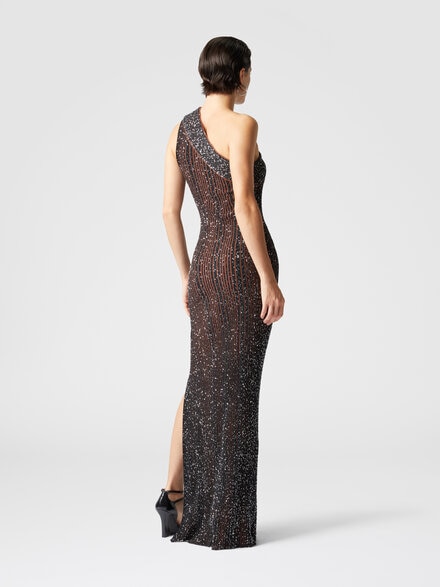 Vestido largo de canalé de un solo hombro con lentejuelas y abertura, Negro & Marròn - DS25SG12BK042FS91NT