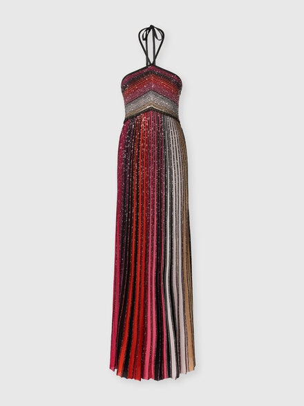 Long striped dress with sequins and neck fastening, Black & Red - DS25SG13BK042DSM9NA
