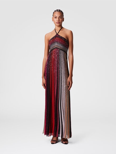 Vestido largo de rayas con lentejuelas y cierre en el cuello, Negro & Rojo - DS25SG13BK042DSM9NA