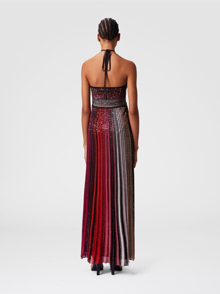 Vestido largo de rayas con lentejuelas y cierre en el cuello, Negro & Rojo - DS25SG13BK042DSM9NA