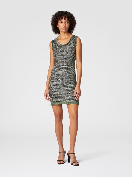 Sleeveless mini-dress in slub knit with sequins, Green & Black - DS25SG1EBK045BS614L