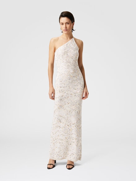 Long one-shoulder dress in slub knit with sequins, White & Beige - DS25SG1FBK045BS01GI