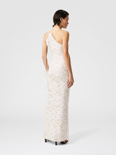 Long one-shoulder dress in slub knit with sequins, White & Beige - DS25SG1FBK045BS01GI