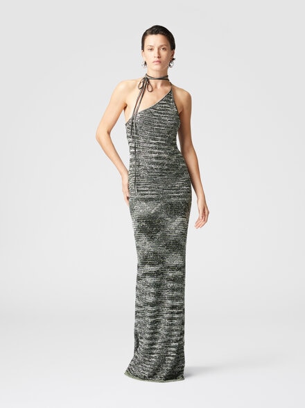 Long one-shoulder dress in slub knit with sequins, Green & Black - DS25SG1FBK045BS614L