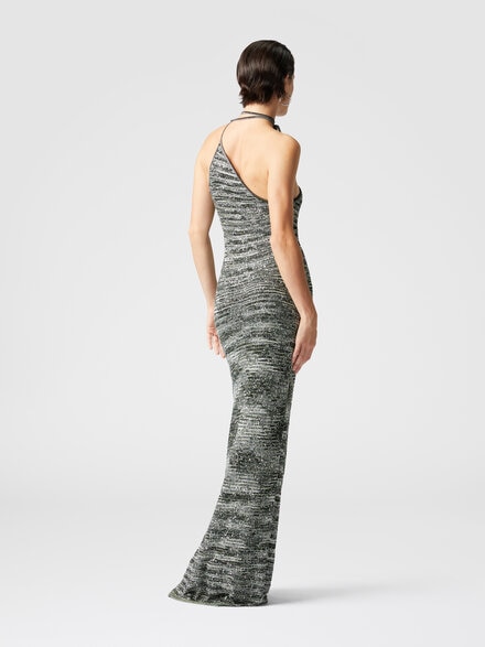 Long one-shoulder dress in slub knit with sequins, Green & Black - DS25SG1FBK045BS614L