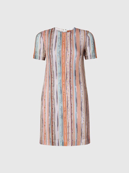 Kurzärmeliges Minikleid aus gestreifter Lamé-Viskose in Slub, Mehrfarbig  - DS25SG1HBR002HSM9KR