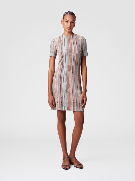 Short-sleeved mini-dress in striped lamé slub viscose, Multicoloured  - DS25SG1HBR002HSM9KR