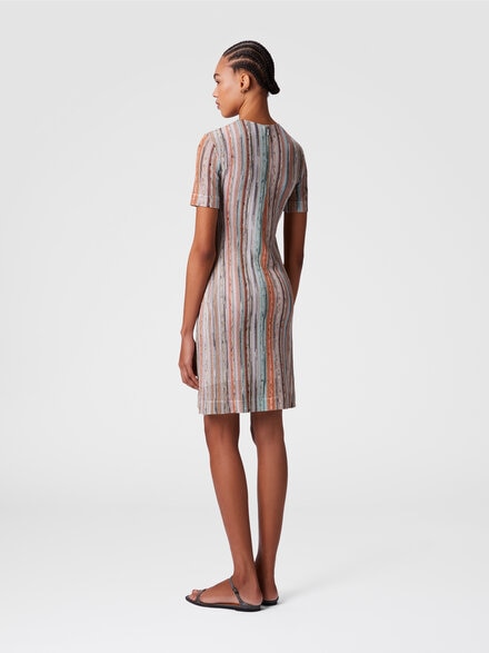 Short-sleeved mini-dress in striped lamé slub viscose, Multicoloured  - DS25SG1HBR002HSM9KR