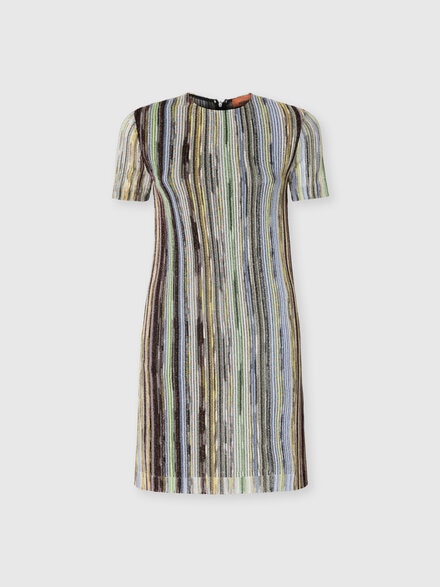 Kurzärmeliges Minikleid aus gestreifter Lamé-Viskose in Slub, Mehrfarbig  - DS25SG1HBR002HSM9KS