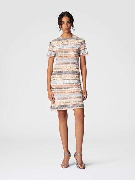 Short-sleeved mini-dress with Greek zig zag lamé, Multicoloured  - DS25SG1HBR010QS6143