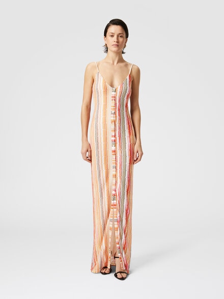 Sleeveless dress with zig zag lamé fret and central button placket, Multicoloured  - DS25SG1IBR010QS416C