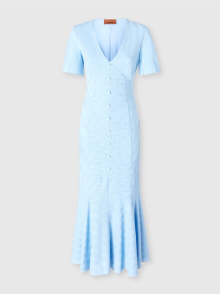 Langes Kleid aus Baumwolle und Zickzack-Viskose mit ausgestelltem Saum, Hellblau - DS25SG1JBR00JC53922