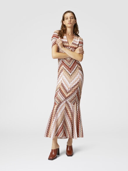 Long flared dress with lamé serrated zig zag pattern, Multicoloured  - DS25SG1JBR00ZVS10BB