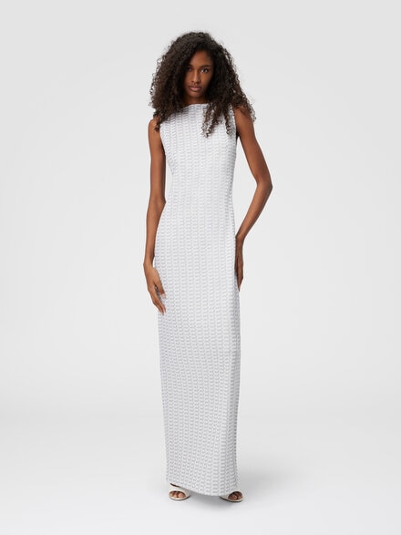 Long sleeveless dress in lamé viscose with lace motif, Silver - DS25SG1NBR010RS01FC