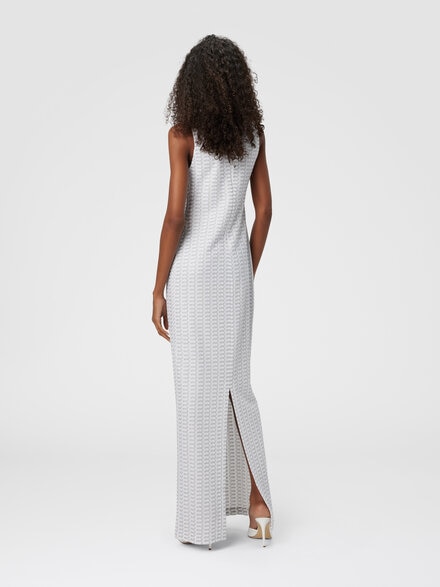 Long sleeveless dress in lamé viscose with lace motif, Silver - DS25SG1NBR010RS01FC