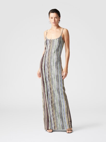 Long sleeveless dress in striped lamé slub viscose, Multicoloured  - DS25SG1SBR002HSM9KS
