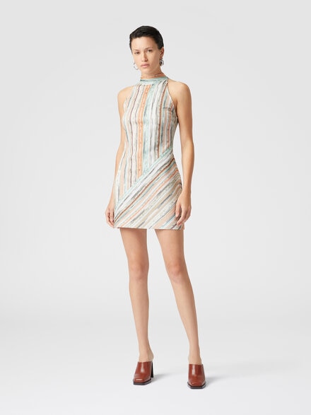 Sleeveless mini-dress in striped lamé slub viscose, Multicoloured  - DS25SG1TBR002HSM9KR