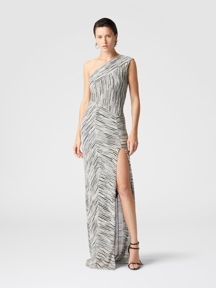 Long one-shoulder dress with Greek lamé motif and slit, Multicoloured  - DS25SG1UBR00ZWS6142
