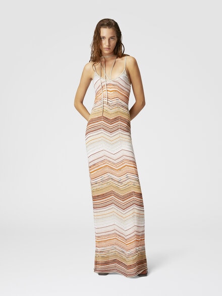 Langes Kleid aus Chevron-Lamé mit Pailletten und dekorativer Spitze, Mehrfarbig  - DS25SG22BK045DSM9MH