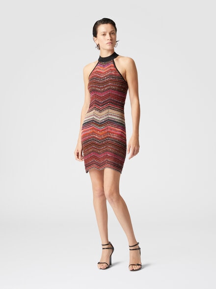 Short sleeveless chevron lamé dress with sequins and halter neckline, Multicoloured  - DS25SG23BK045DSM9MI