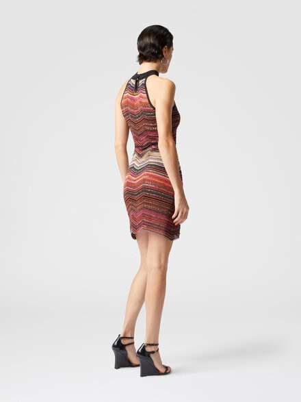 Short sleeveless chevron lamé dress with sequins and halter neckline, Multicoloured  - DS25SG23BK045DSM9MI