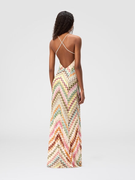 Long viscose dress with V-neck lace and zig zag pattern, Multicoloured  - DS25SG3SBR0133S6153