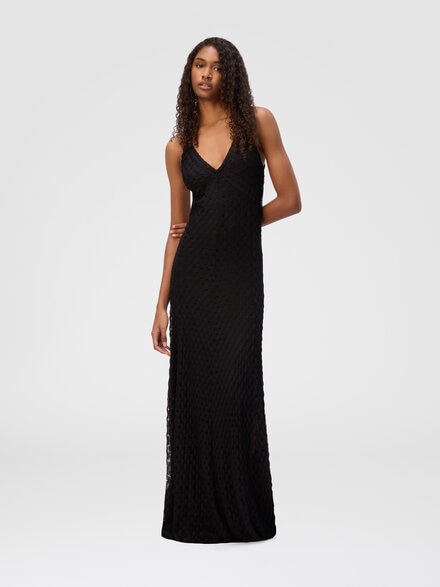 Langes Kleid aus Viskose mit V-Ausschnitt aus Spitze, Schwarz - DS25SG3SBR013J93911