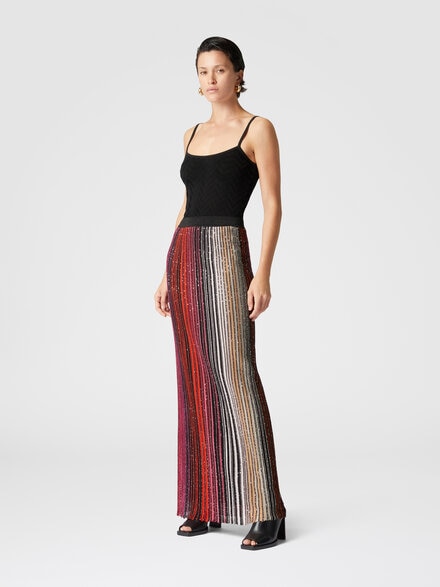 Falda larga parcial de rayas con lentejuelas, Negro & Rojo - DS25SH0BBK042DSM9NA