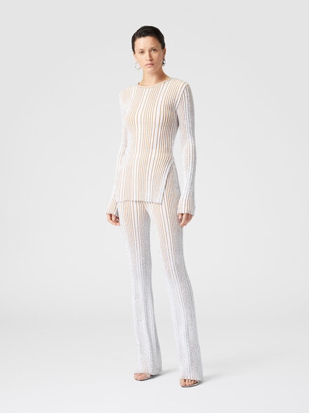 Ribbed stretch flared trousers with sequins, White & Beige - DS25SI0ABK042FS01GN