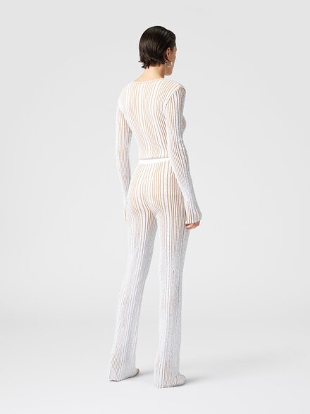 Ribbed stretch flared trousers with sequins, White & Beige - DS25SI0ABK042FS01GN