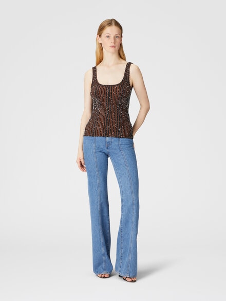 Ribbed tank top with sequins, Black & Brown - DS25SK09BK042FS91NT