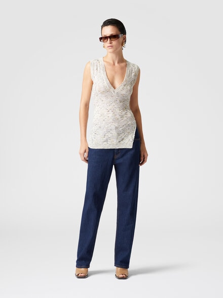 Sleeveless top in slub knit with sequins and V-neck, White & Beige - DS25SK0VBK045BS01GI