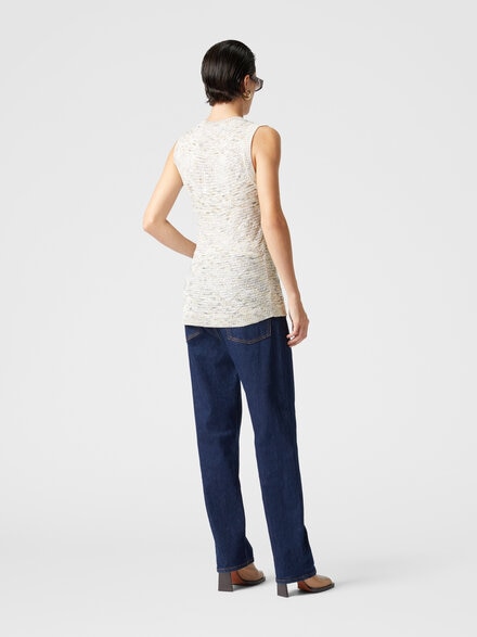 Sleeveless top in slub knit with sequins and V-neck, White & Beige - DS25SK0VBK045BS01GI