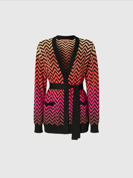 Cardigan mit Dégradé-Chevron-Motiv und Gürtel, Mehrfarbig  - DS25SM07BK044VSM9MA