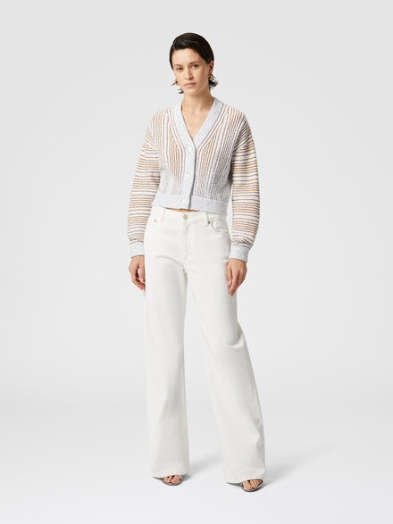 Cárdigan cropped de canalé con lentejuelas y escote en pico, Blanco & Beige - DS25SM0CBK042FS01GN