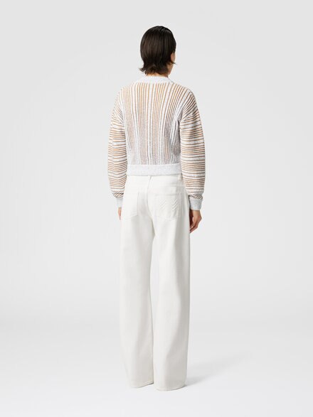 Cárdigan cropped de canalé con lentejuelas y escote en pico, Blanco & Beige - DS25SM0CBK042FS01GN