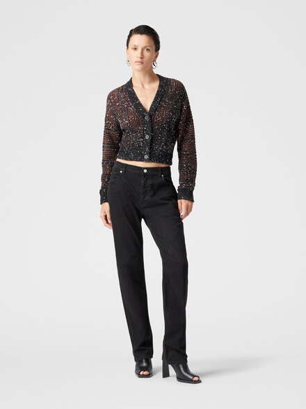 Ribbed cropped cardigan with sequins and V-neck, Black Multicoloured  - DS25SM0CBK042FS91NT