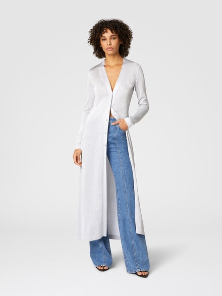 Long lamé viscose cardigan with V-neck, Silver - DS25SM0EBK045AS01GC