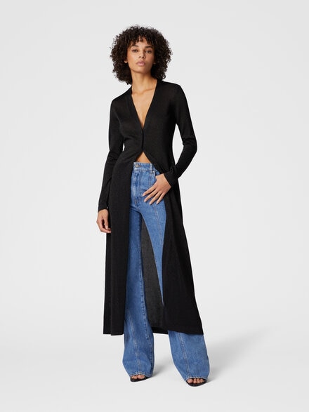 Long lamé viscose cardigan with V-neck, Black - DS25SM0EBK045AS91NK