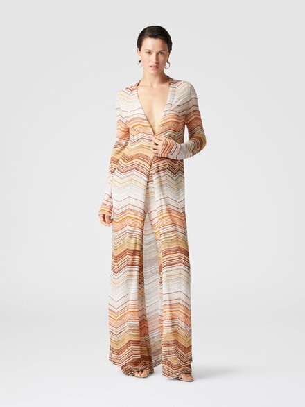 Long chevron lamé cardigan with sequins and decorative lace, Multicoloured  - DS25SM0OBK045DSM9MH