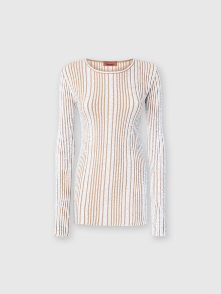 Jersey de canalé con lentejuelas y manga larga, Blanco & Beige - DS25SN01BK042FS01GN