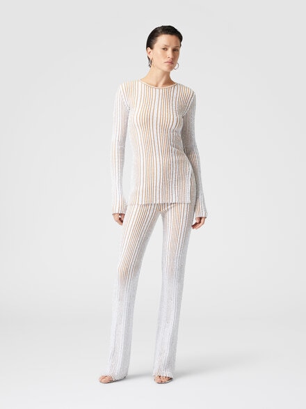 Jersey de canalé con lentejuelas y manga larga, Blanco & Beige - DS25SN01BK042FS01GN