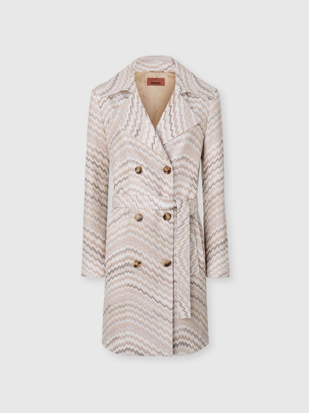 Trench cruzado con motivo zigzag ondulado, Blanco & Beige - DS25WC0FBC005DS01HS