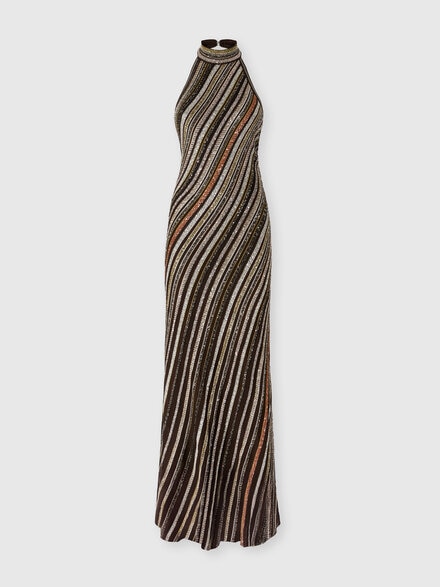 Langes Kleid mit Neckholder und Fischgrätenstreifen, Mehrfarbig  - DS25WG02BK01C3SM9T5