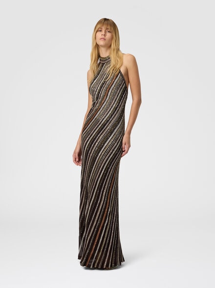 Langes Kleid mit Neckholder und Fischgrätenstreifen, Mehrfarbig  - DS25WG02BK01C3SM9T5